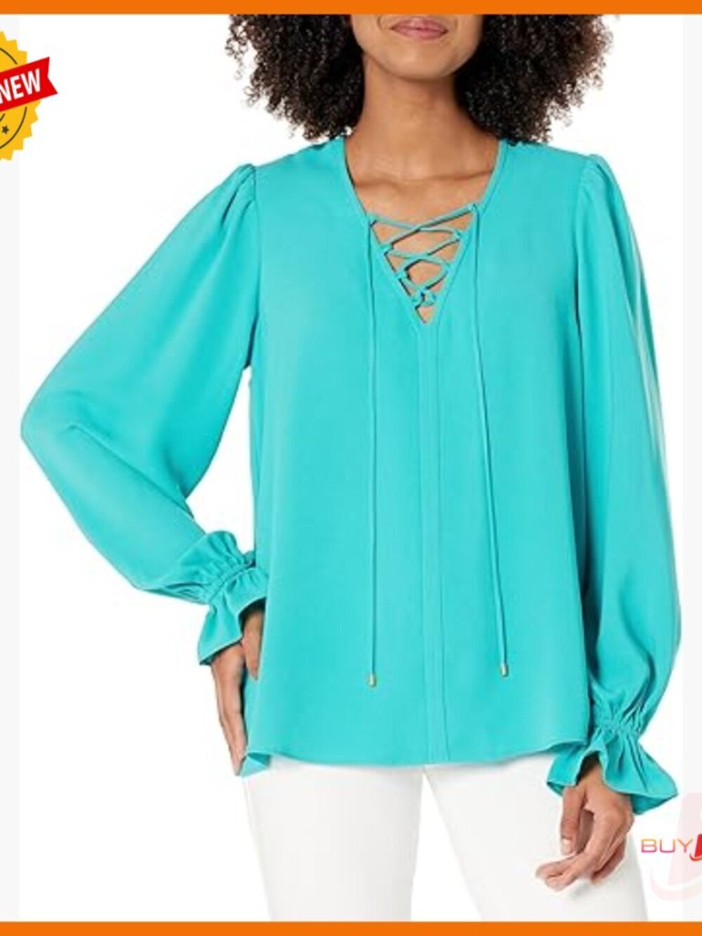 Lace Up V-Neck Blouse with Spaghetti Ties and Elastic Sleeves